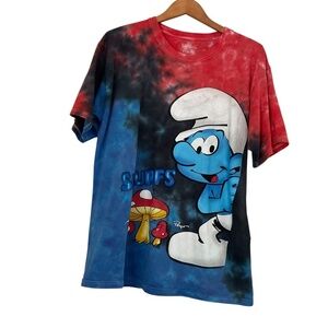 Rue 21 Smurfs T -Shirt Sz L Red Blue Tie Dye Mushrooms Colorful Kidcore 90s Y2K